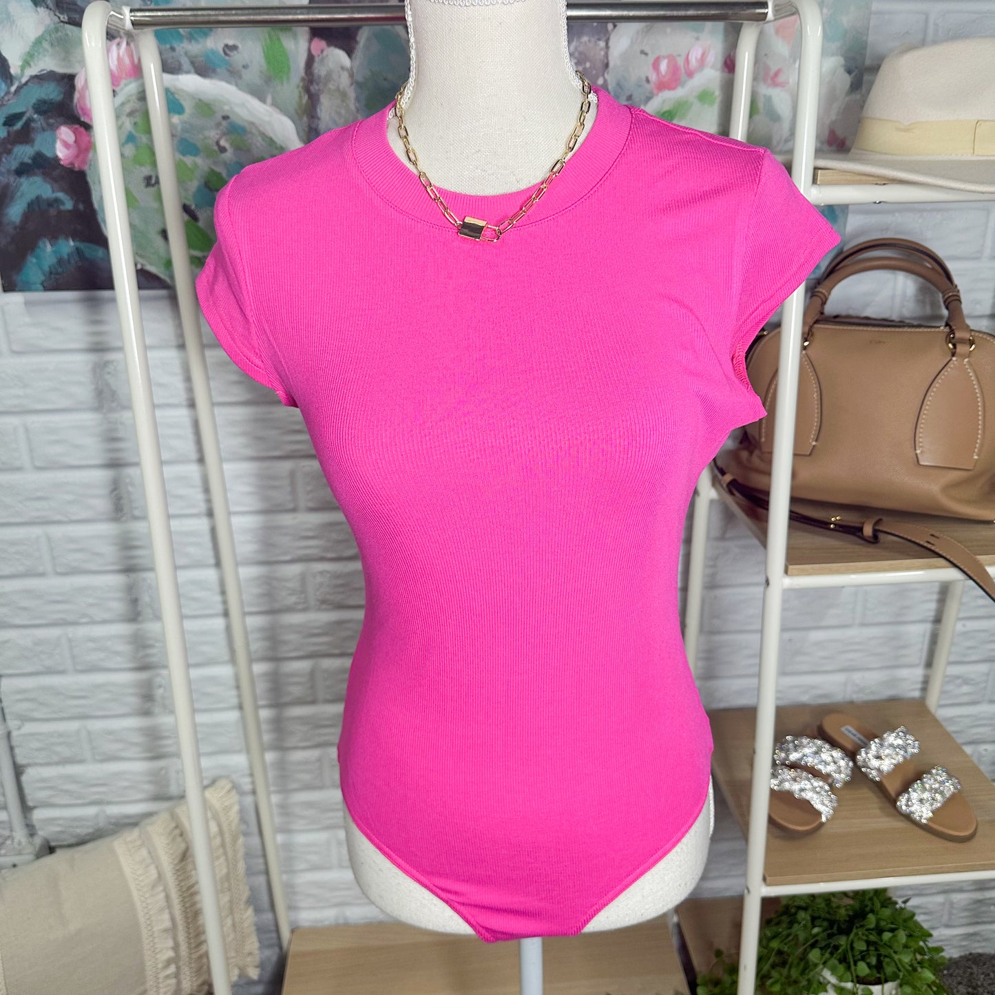 Missjoy Pink Ribbed Short Sleeve Bodysuit Size Medium