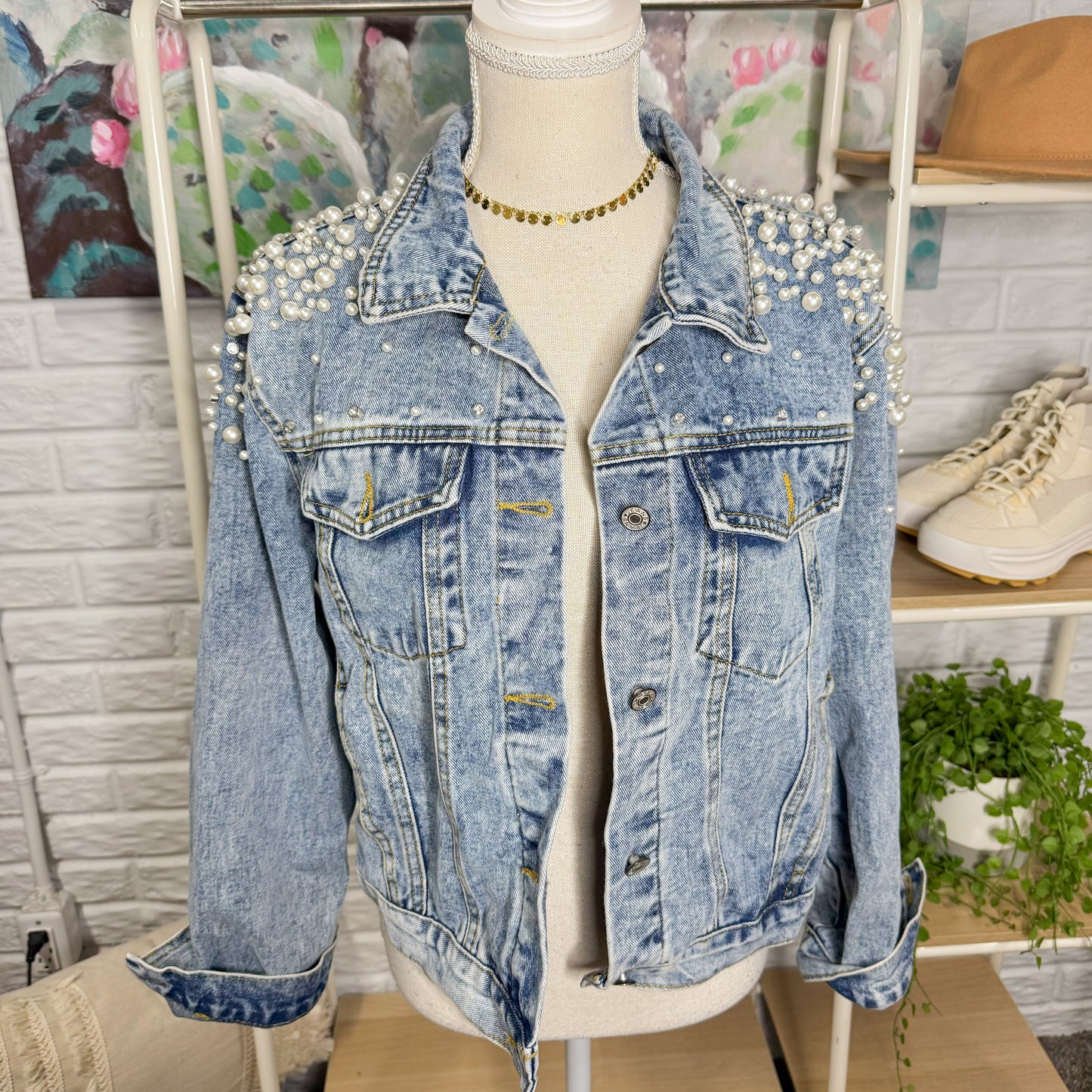 Hixiaohe Pearl Rhinestone Denim Jacket (M)