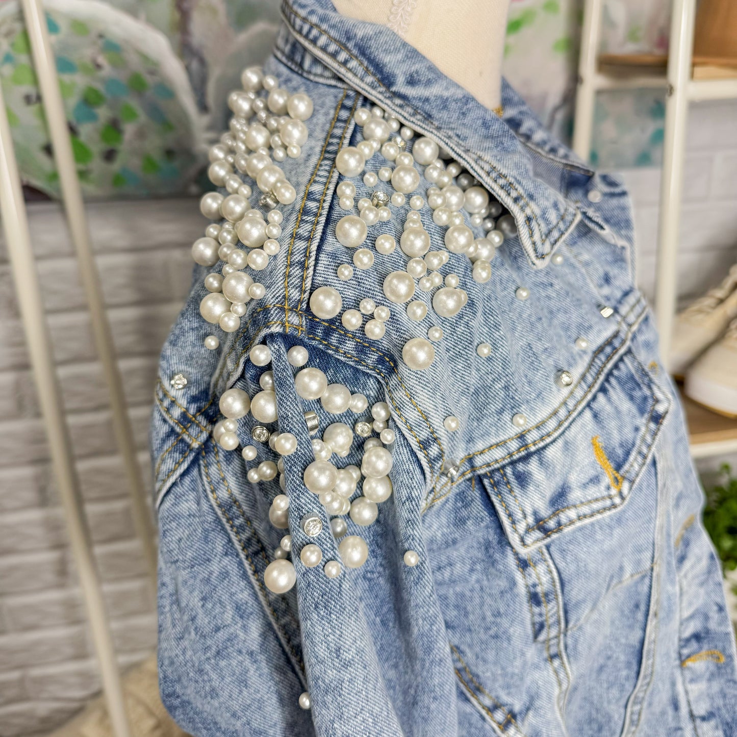 Hixiaohe Pearl Rhinestone Denim Jacket (M)