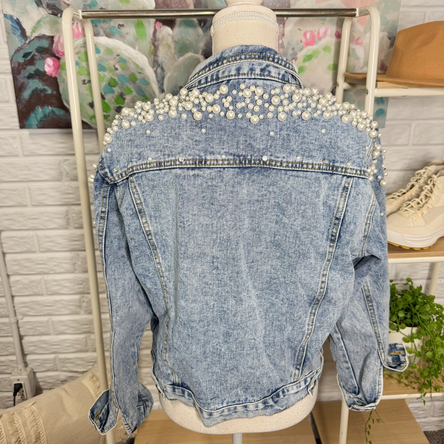 Hixiaohe Pearl Rhinestone Denim Jacket (M)