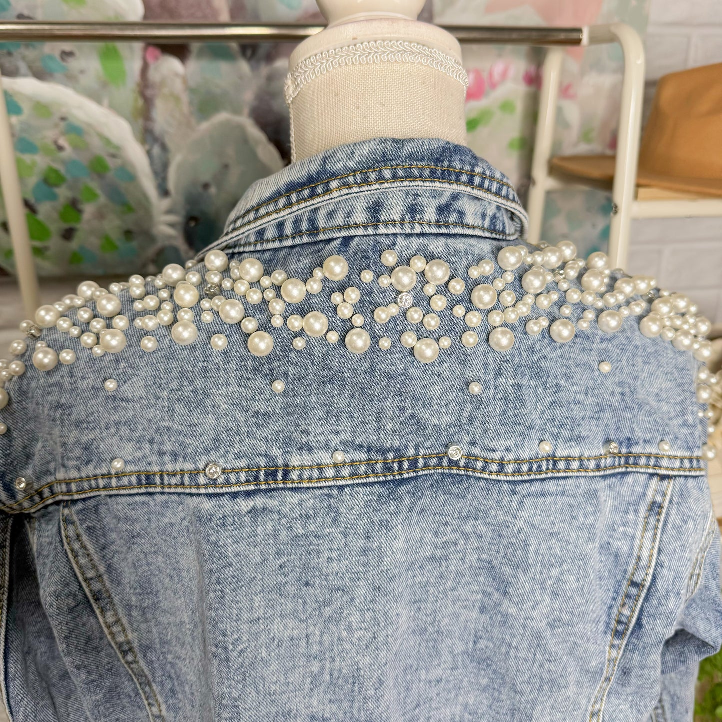 Hixiaohe Pearl Rhinestone Denim Jacket (M)