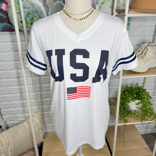 White USA V Neck Tee (S)