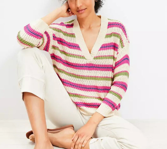 LOFT Textured Stripe V Neck Sweater (XS)