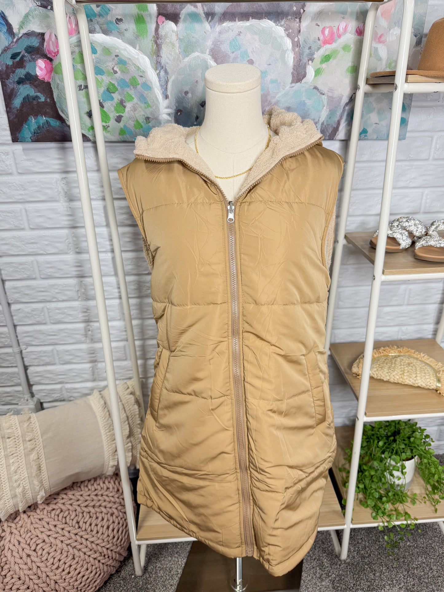 Prettygarden Light Camel Reversible Fleece Long Vest (M)