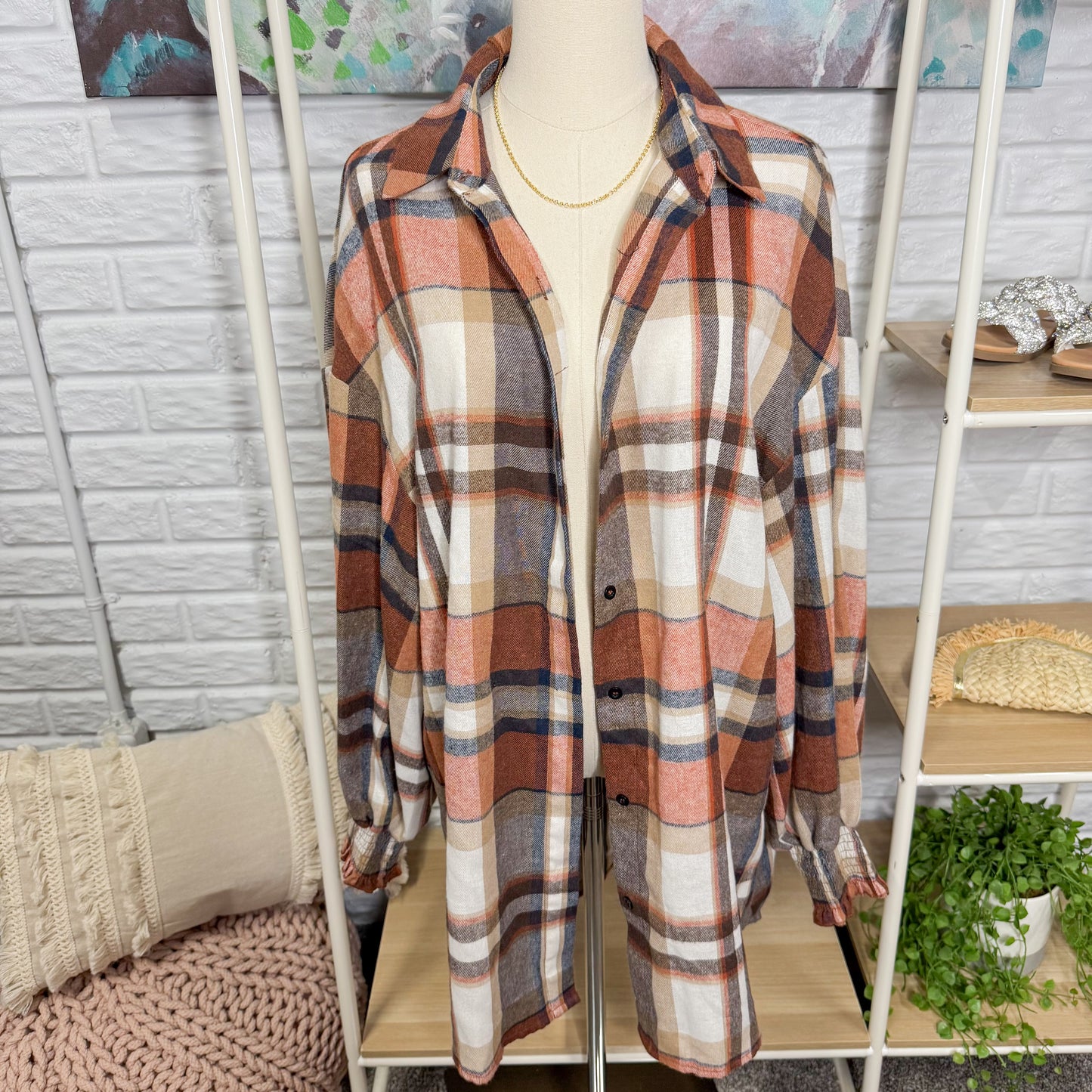 Orange Plaid Button Down Shirt (L)