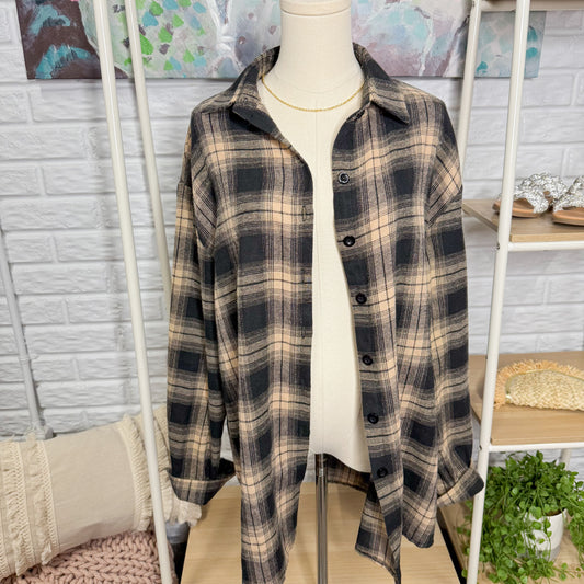 Black & Brown Plaid Button Down Top (L)