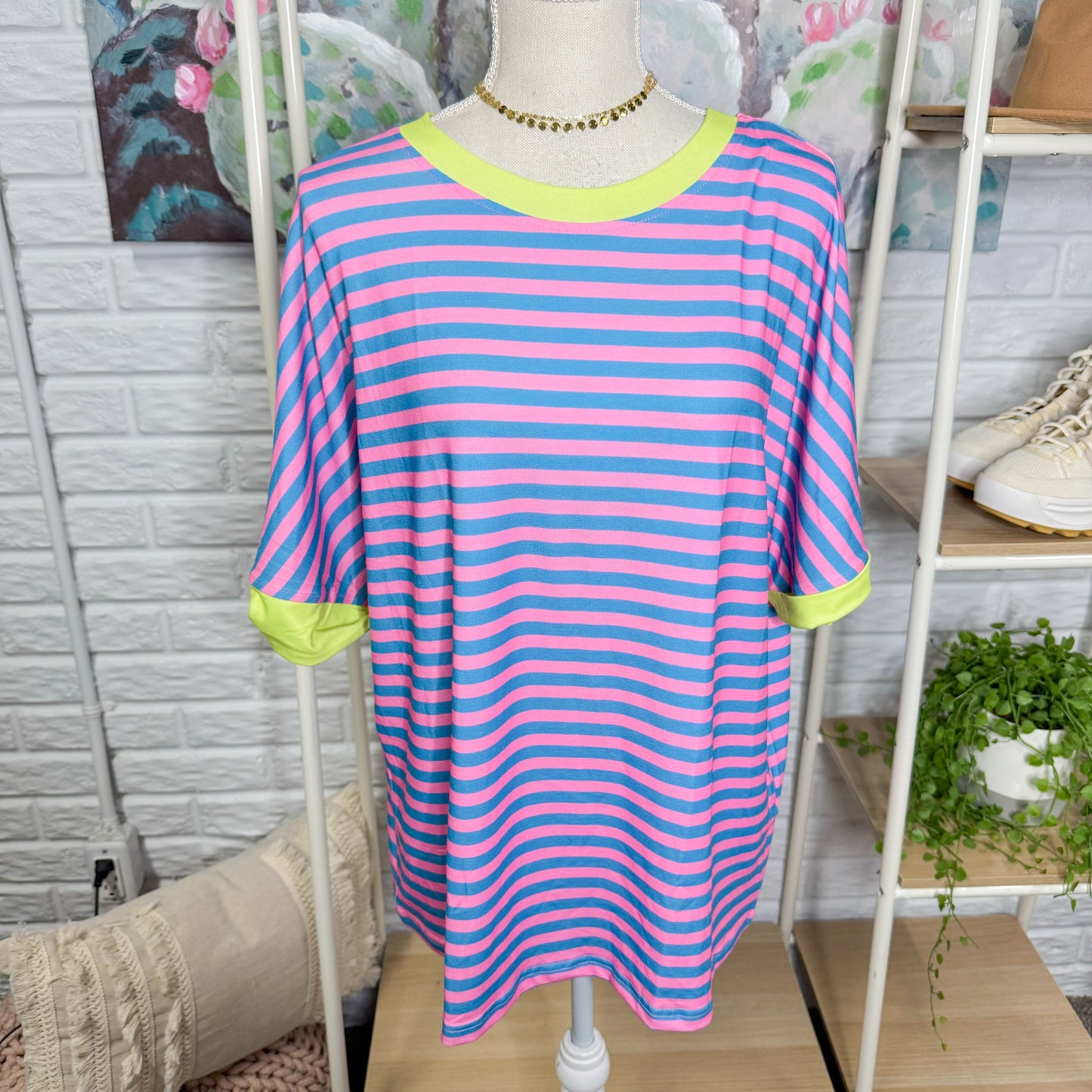 Anrabess New Oversized Striped Tee Pink/Blue (M)