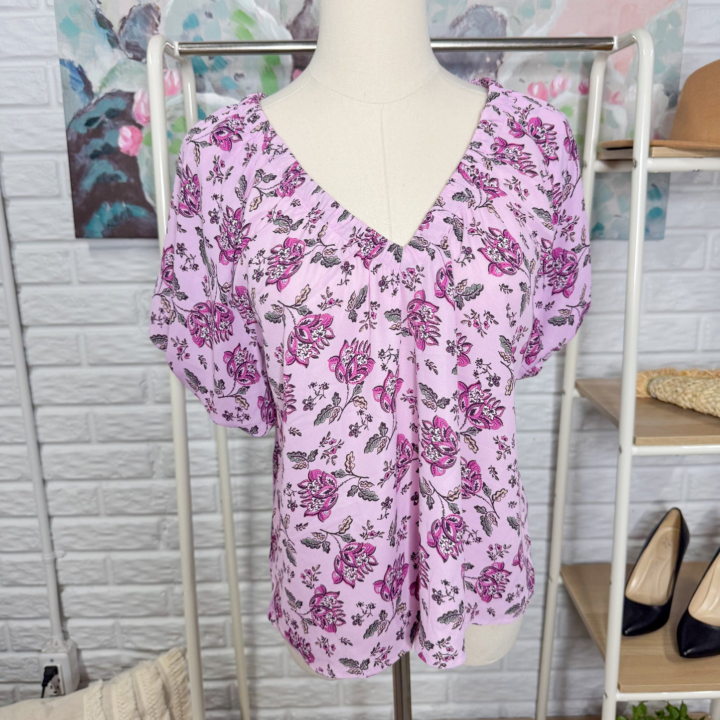 LOFT Purple Mixed Media Floral Top (XS)