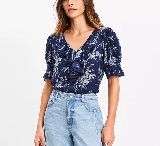 LOFT New Palm Lace Trim Ruffle Blouse (XS)