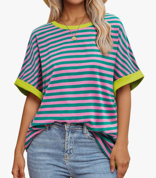 Anrabess New Oversized Striped Tee Pink/Blue (M)