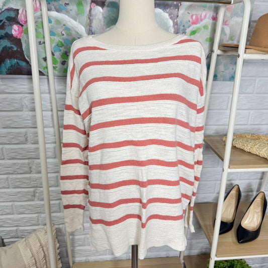 LOFT Ivory & Pink Striped Knit Sweater (S)