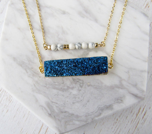 Blue Druzy Gold Plated Bar Layered Necklace