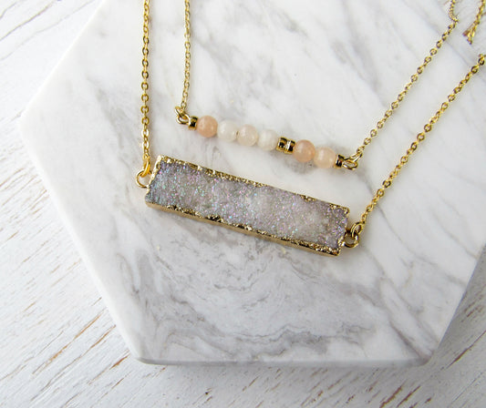 White Druzy Gold Plated Bar Layered Necklace