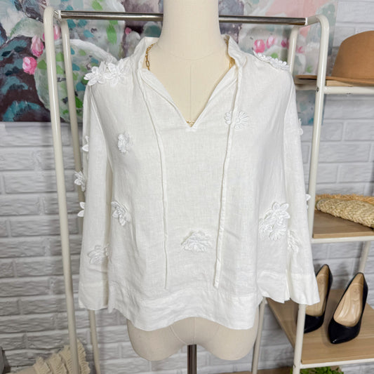 LOFT New Floral Appliqué Linen Blend Tie Neck Blouse (XS)