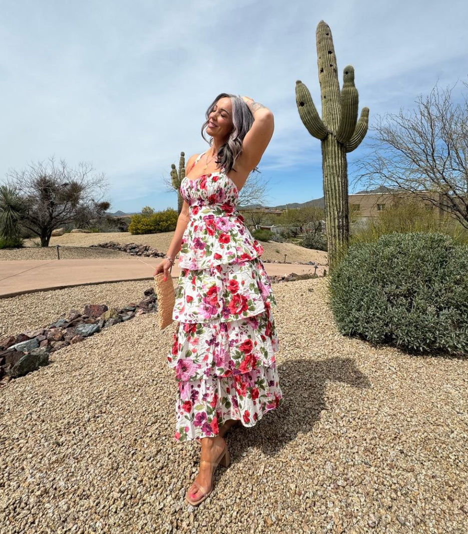 Abercrombie & Fitch New Floral Lace Up Back Tiered Maxi Dress (M)