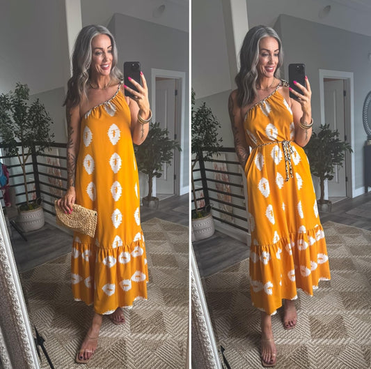 Prettygarden New One Shoulder Yellow Boho Dress (S)