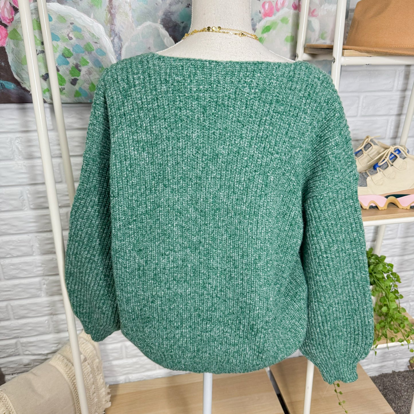 Cupshe Green V-Neck Drop Shoulder Long Sleeve Sweater (M)