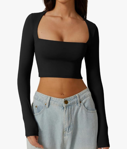 Qinsen New Black Square Neck Long Sleeve Crop Top (M)