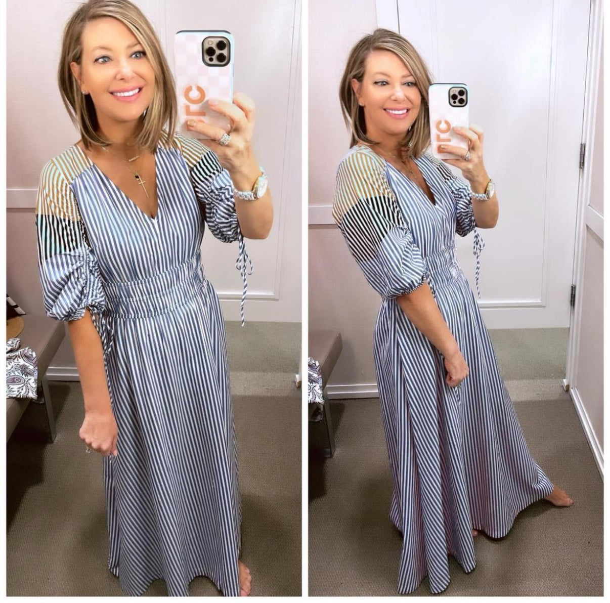 LOFT Striped Tie Puff Sleeve Midi Dress (XS)