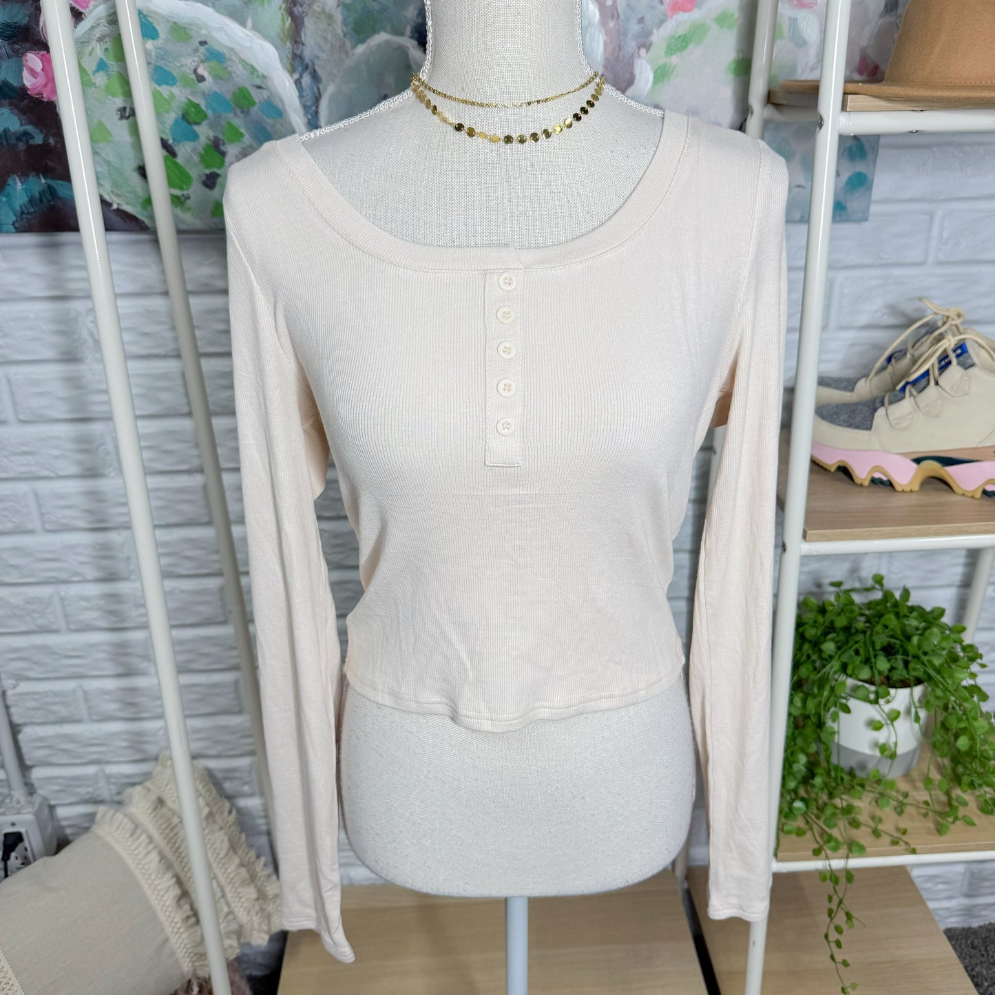 Prettygarden New Cream Ribbed Henley Long Sleeve Top (M)