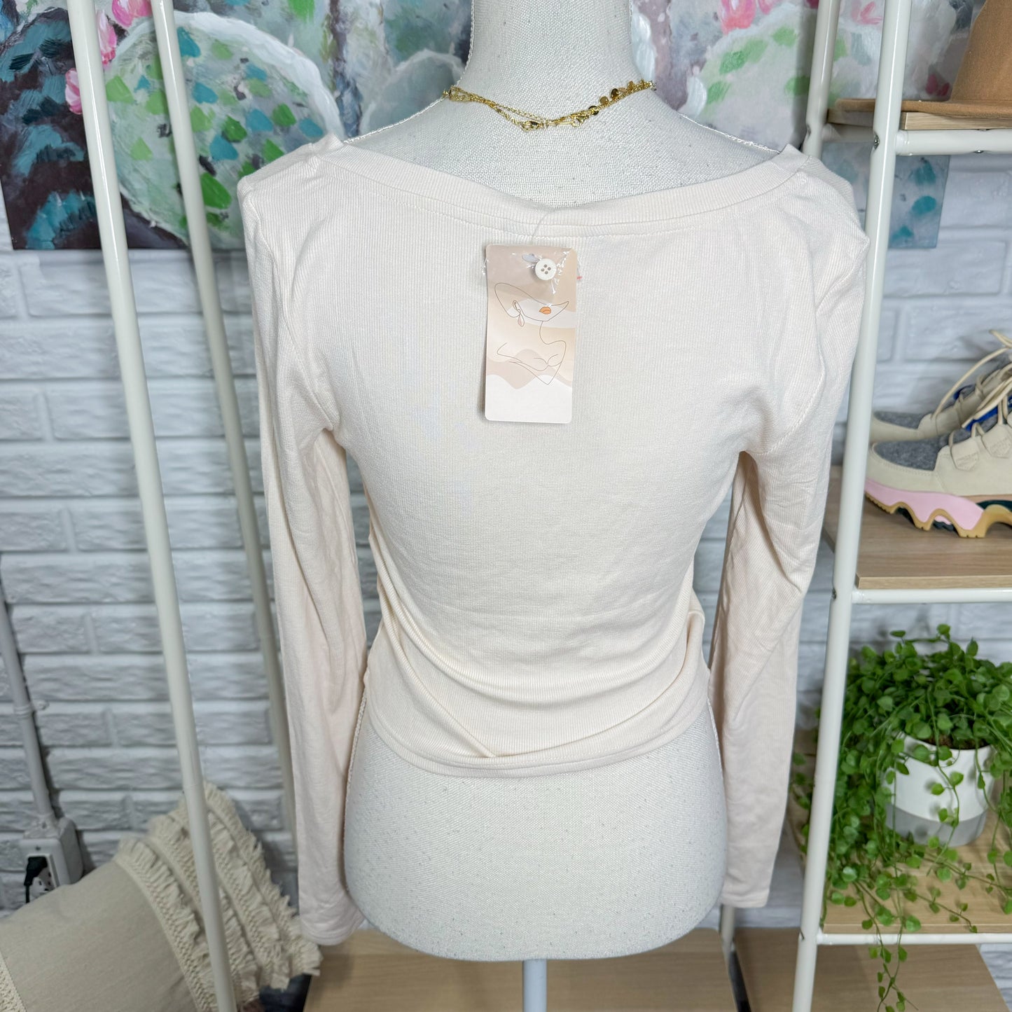 Prettygarden New Cream Ribbed Henley Long Sleeve Top (M)