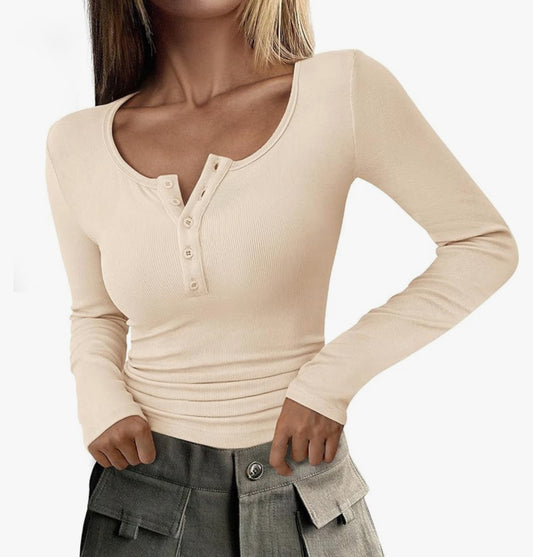 Prettygarden New Cream Ribbed Henley Long Sleeve Top (M)