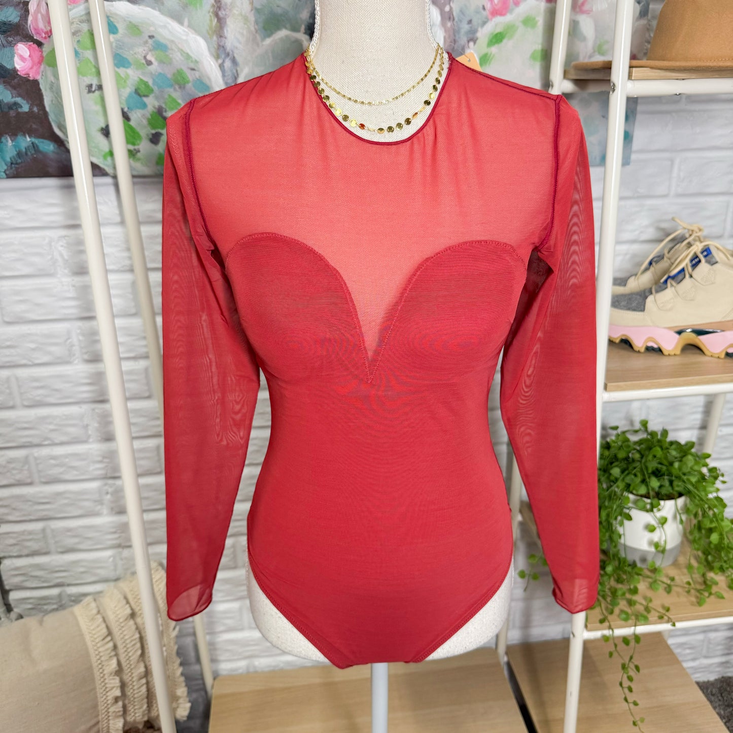 Popilush New Red Mesh Long Sleeve Shapewear Bodysuit (M)