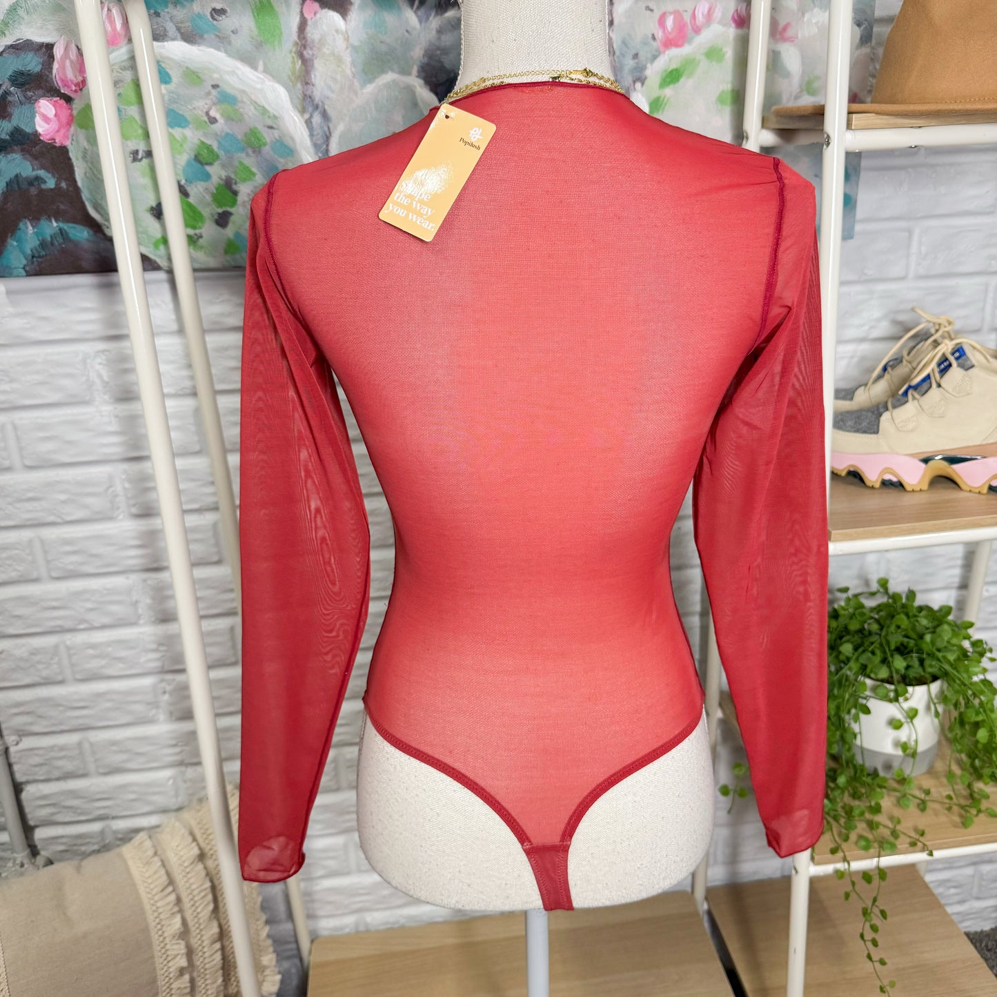 Popilush New Red Mesh Long Sleeve Shapewear Bodysuit (M)