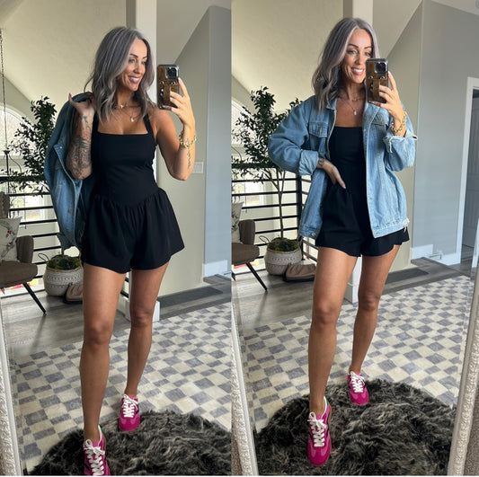 Qinsen New Black Square Neck Romper (M)