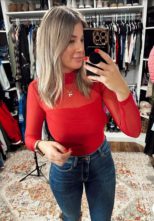 Zeagoo New Red Mock Turtleneck Mesh Long Sleeve Top (M)