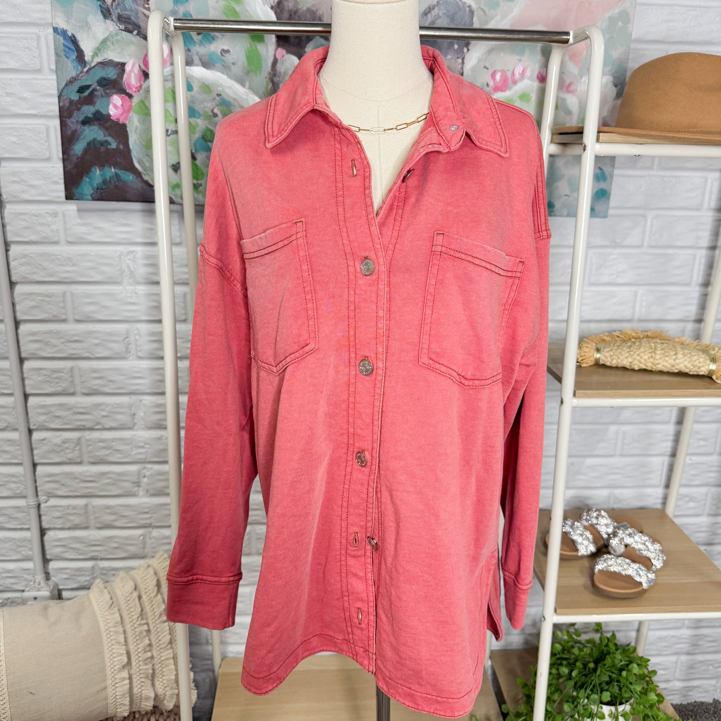 Maurice’s Mineral Red Washed Knit Denim Shacket (XS)