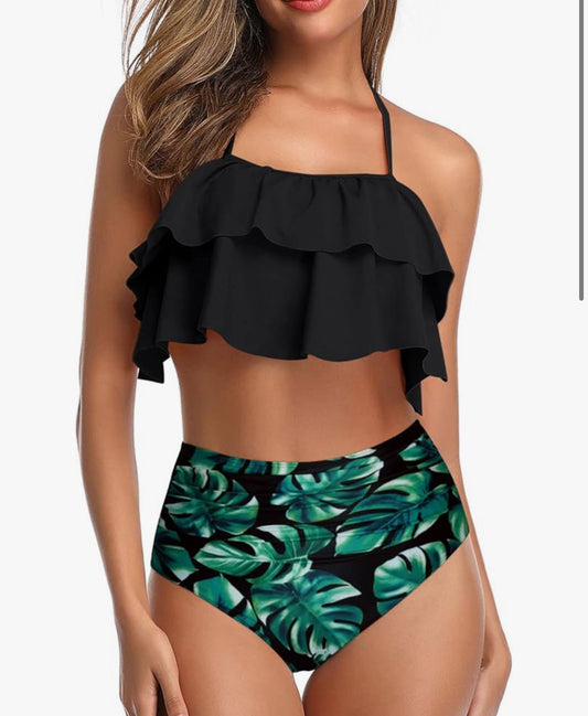 Tempt Me High Waisted Ruffle Halter Bikini (L)