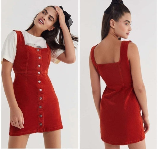 UO Urban Outfitters Rust Orange Corduroy Button Front Mini Dress Size 8