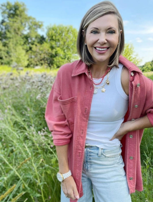Maurice’s Mineral Red Washed Knit Denim Shacket (XS)
