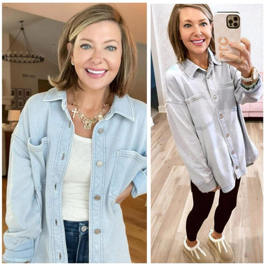Maurice’s Denim Blue Washed Knit Denim Shacket (S)