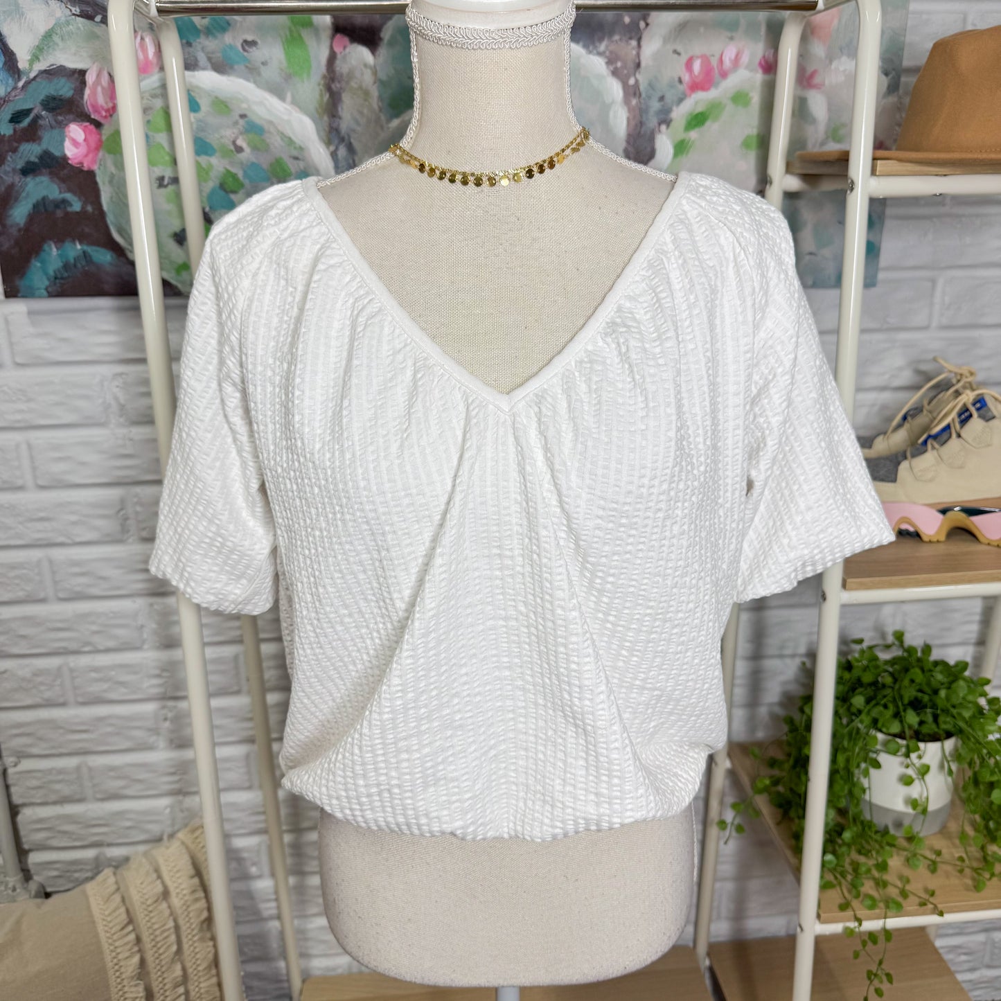 LOFT Crinkle Seersucker Bubble Hem Top (XS)