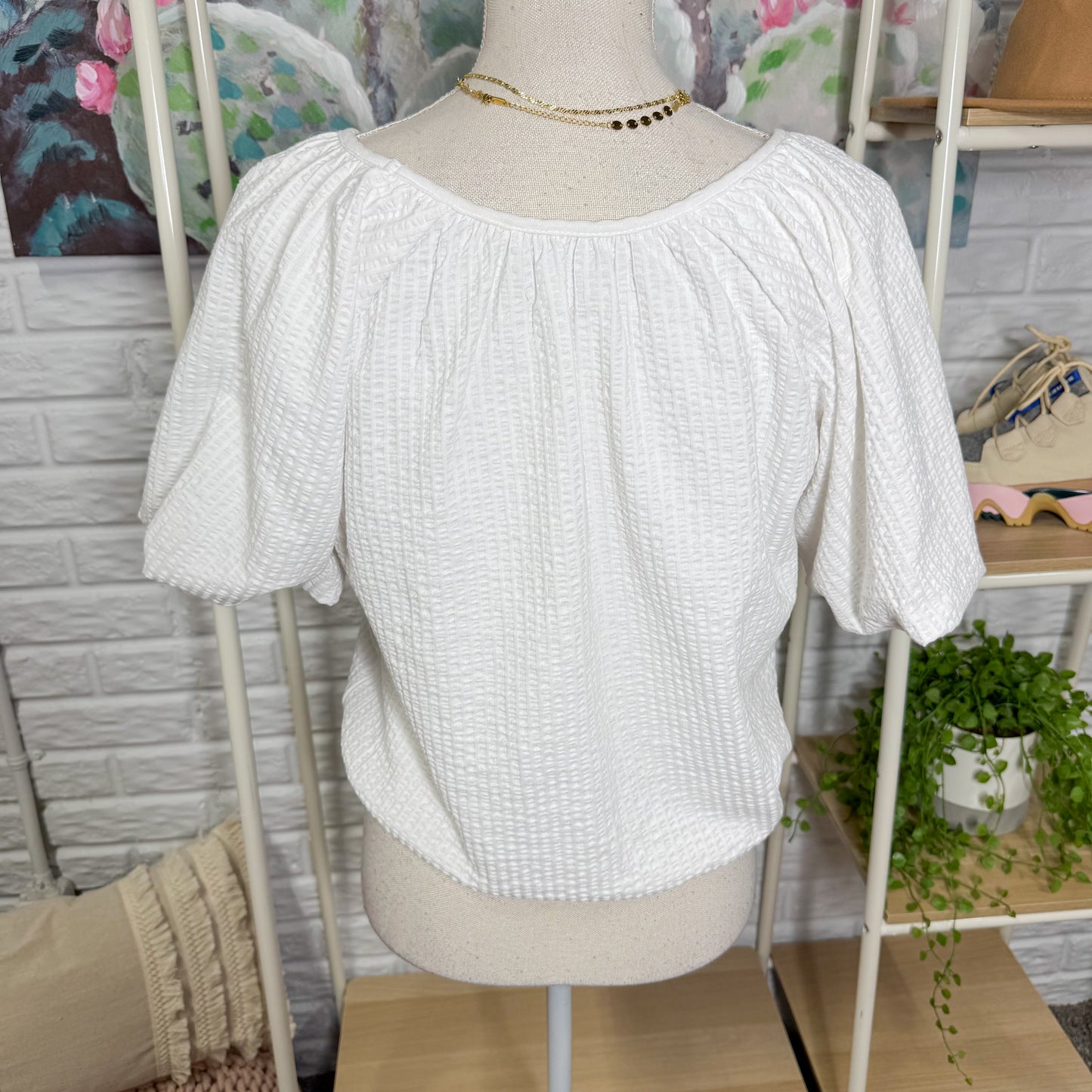 LOFT Crinkle Seersucker Bubble Hem Top (XS)