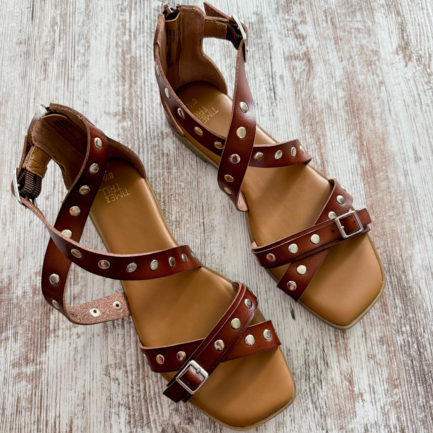 Time & Tru Cognac Studded Gladiator Sandal (8.5)