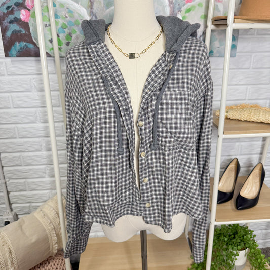 American Eagle Grey Plaid Hooded Button Down (L)