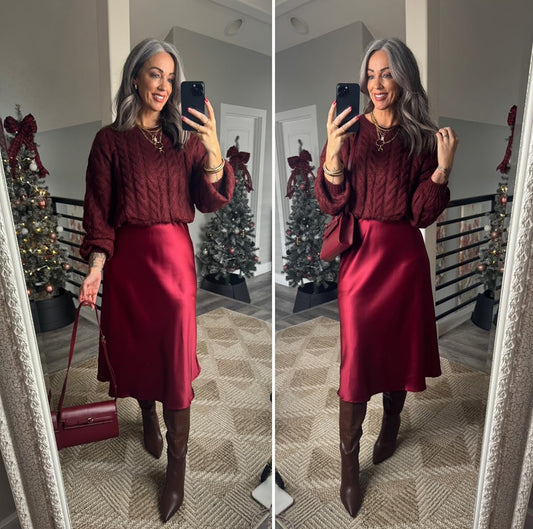 BTFBM Maroon Satin Midi Skirt (S)