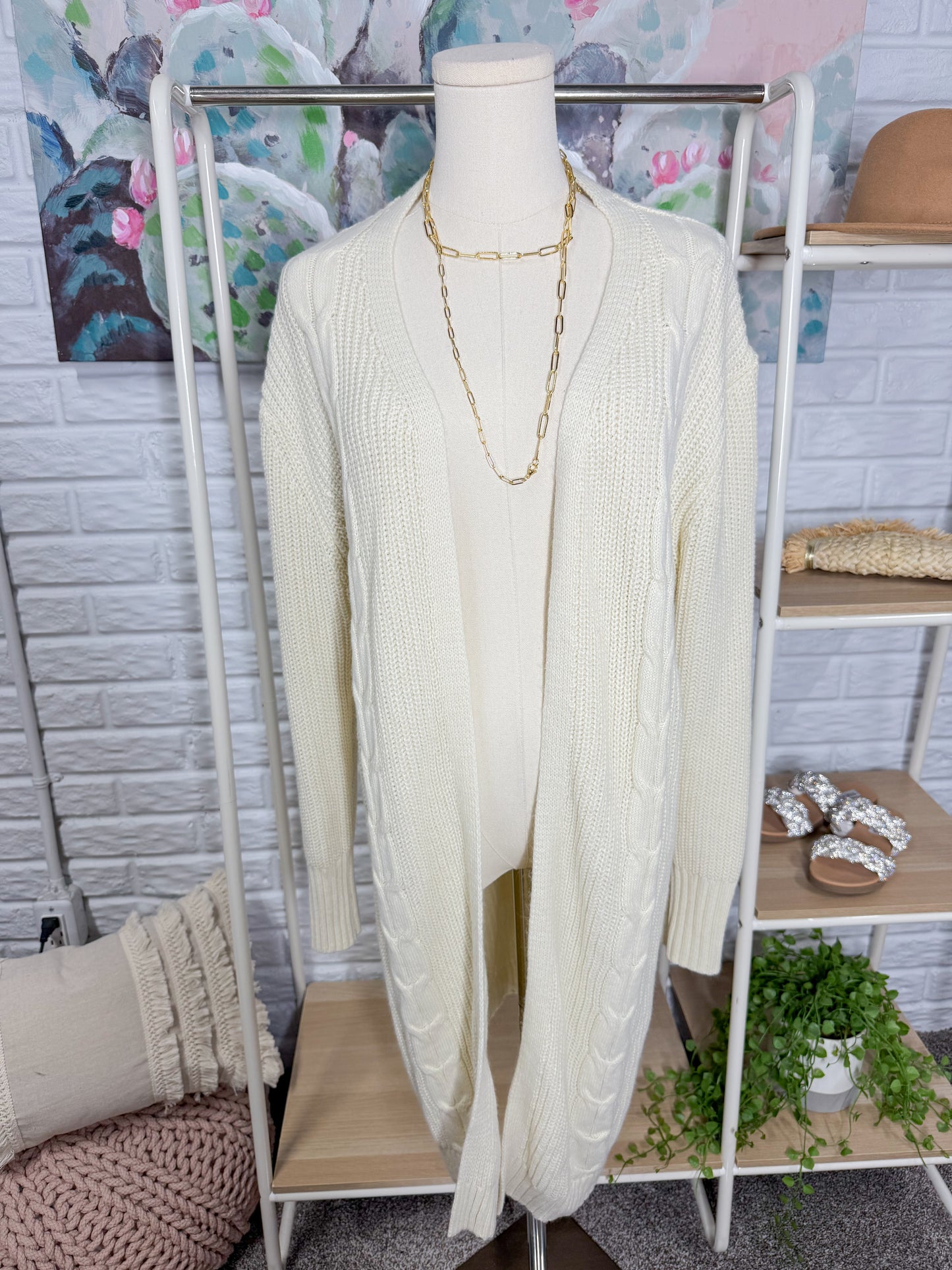 Pink Lily Cream Mountain View’s Cable Knit Cardigan Sweater (L)