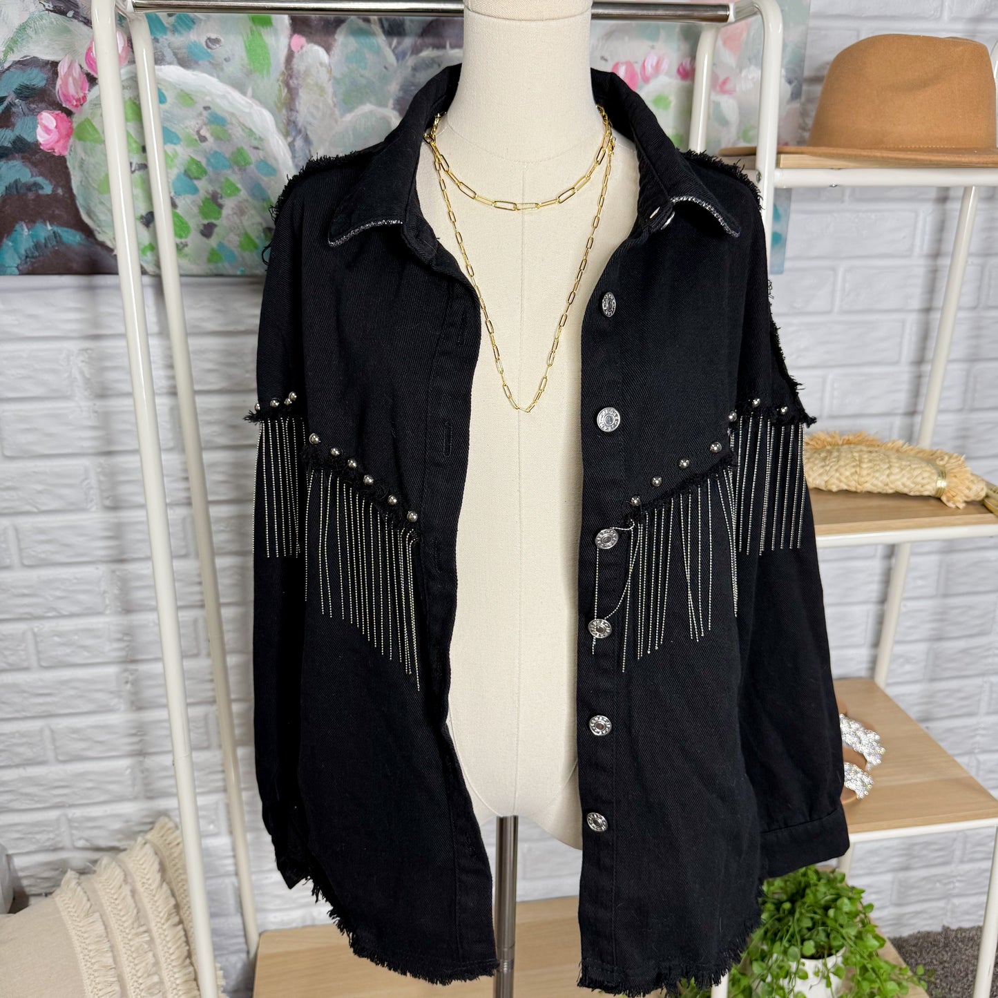 Daacee Black Fringe Oversized Denim Jacket (L)