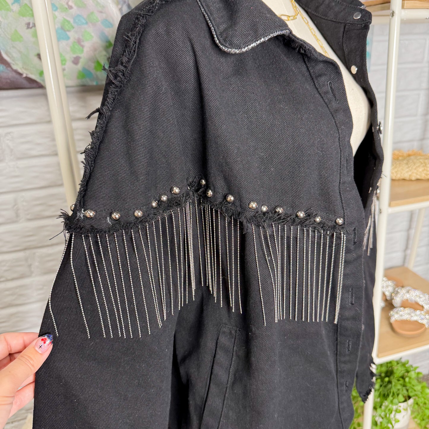 Daacee Black Fringe Oversized Denim Jacket (L)