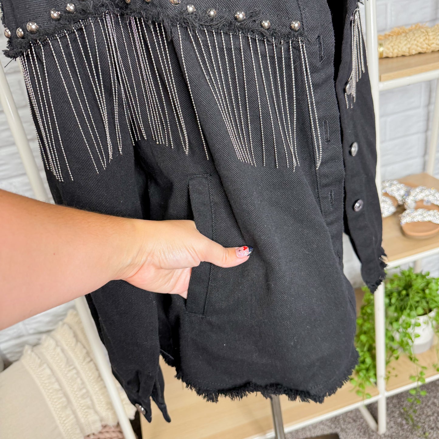 Daacee Black Fringe Oversized Denim Jacket (L)
