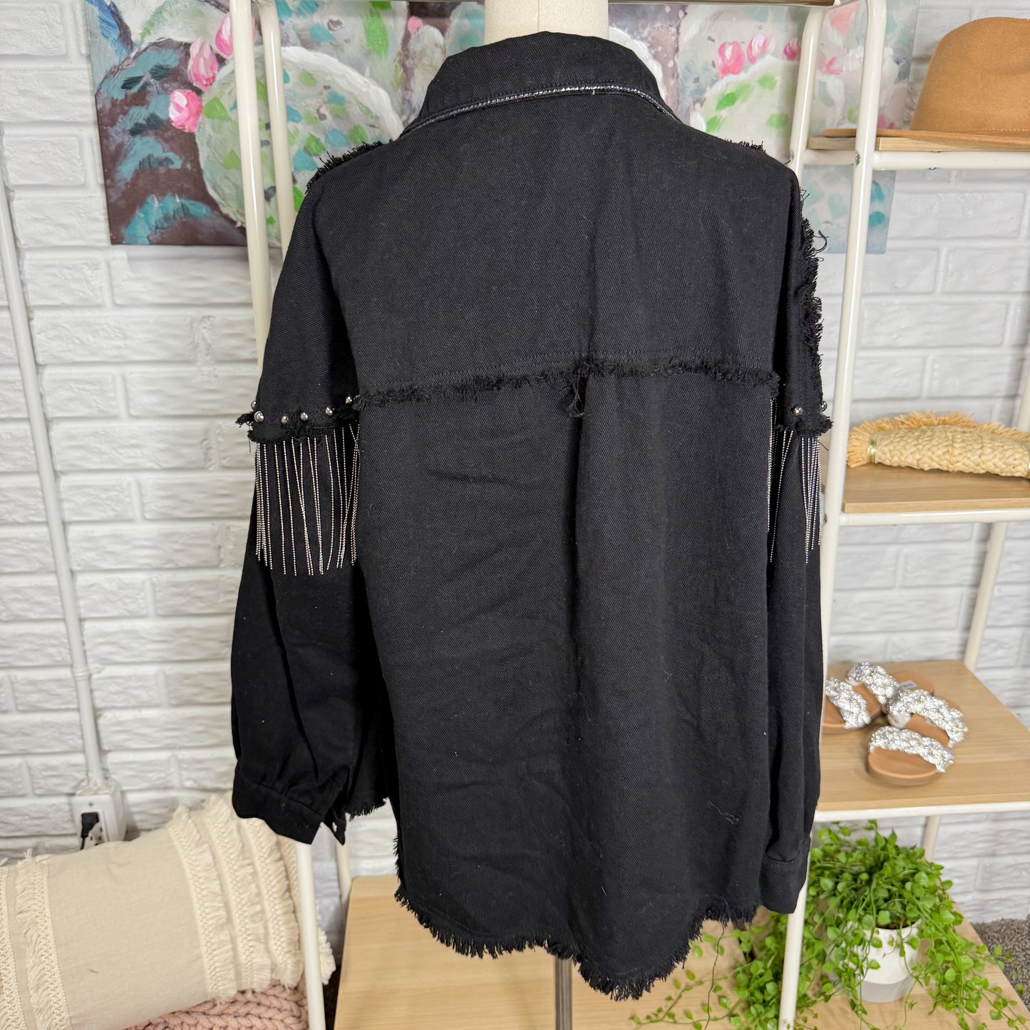 Daacee Black Fringe Oversized Denim Jacket (L)