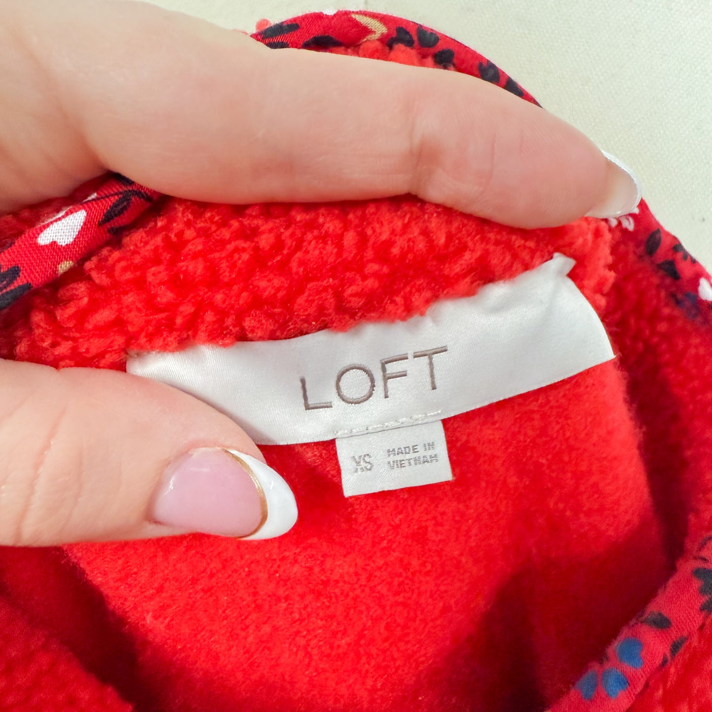 LOFT Red Floral Sherpa Snap Pullover (XS)