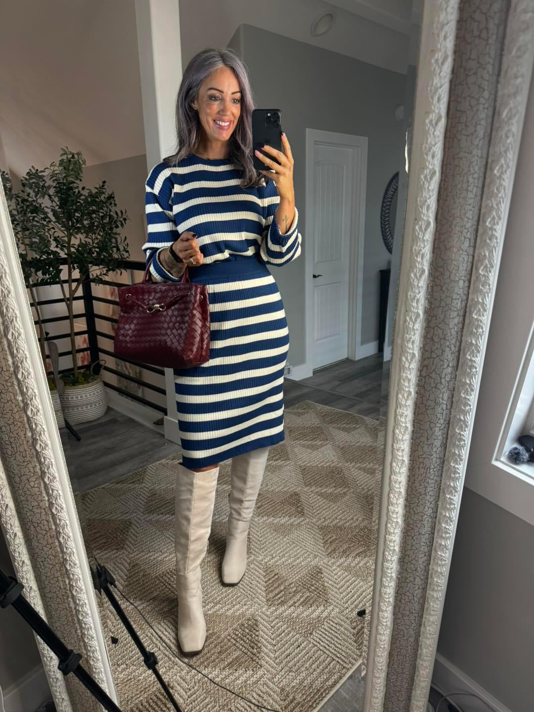 Vateami Blue 2 Piece Striped Sweater Skirt Set (M)