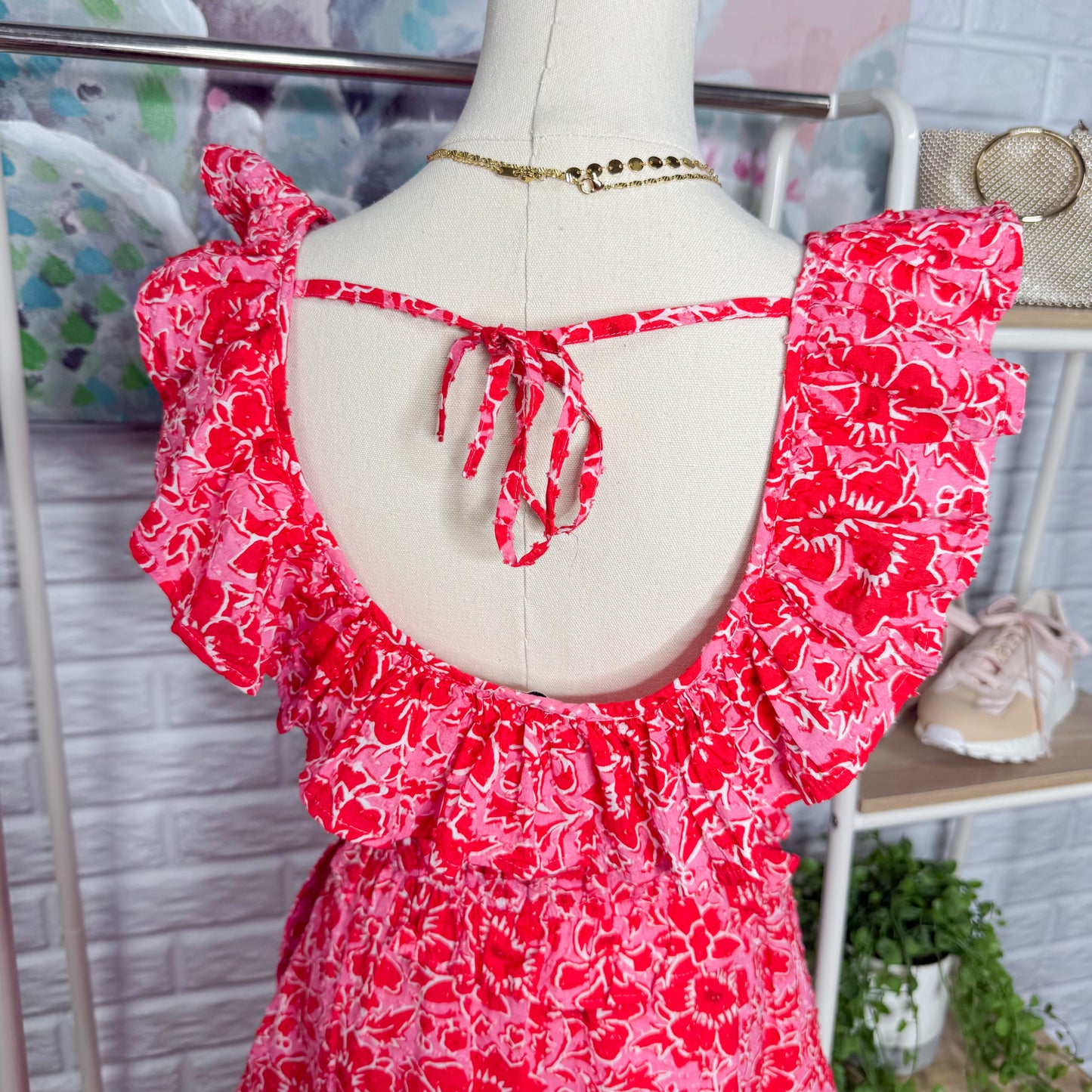 J Crew New Red/Pink Floral Ruffle Midi Dress (0)