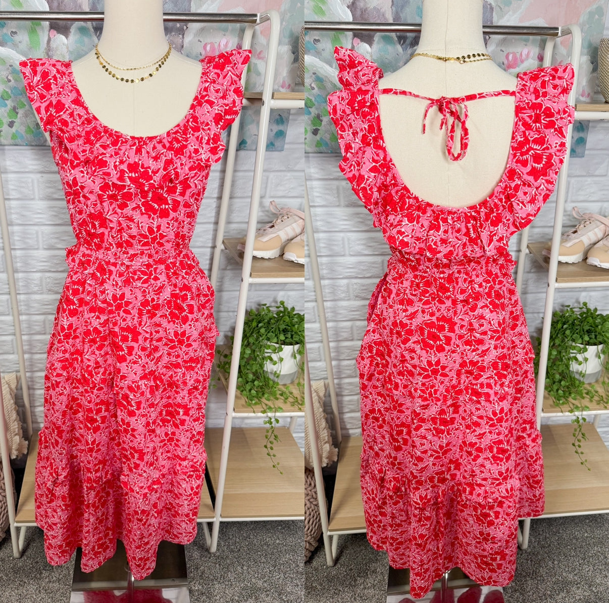 J Crew New Red/Pink Floral Ruffle Midi Dress (0)