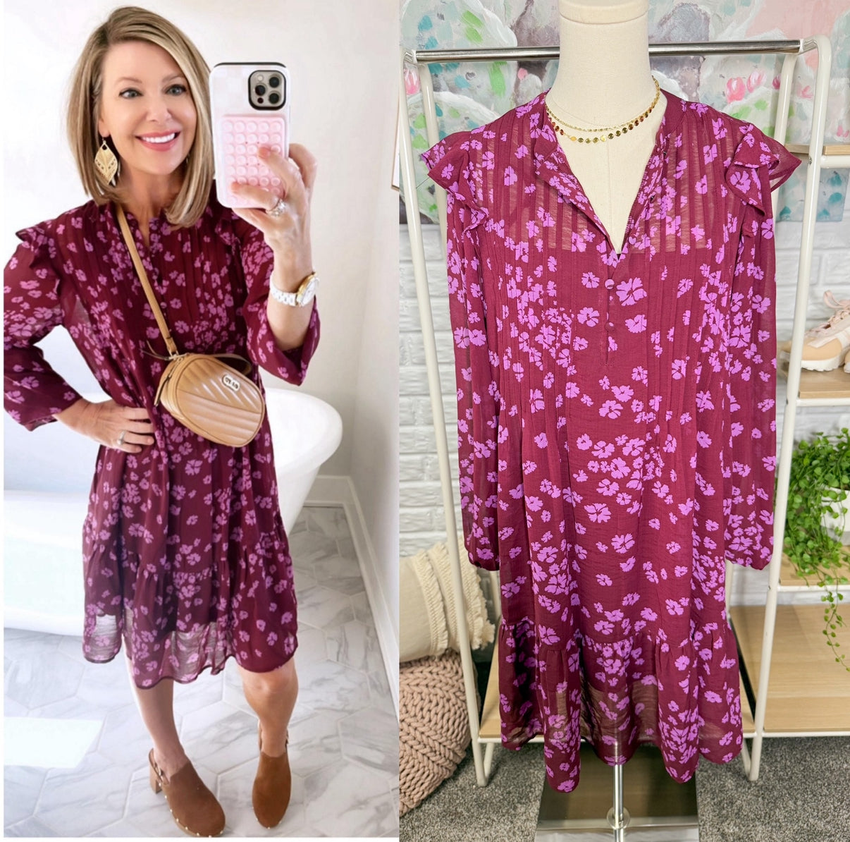 Time and Tru Merlot Floral Long Sleeve Dress (XS)